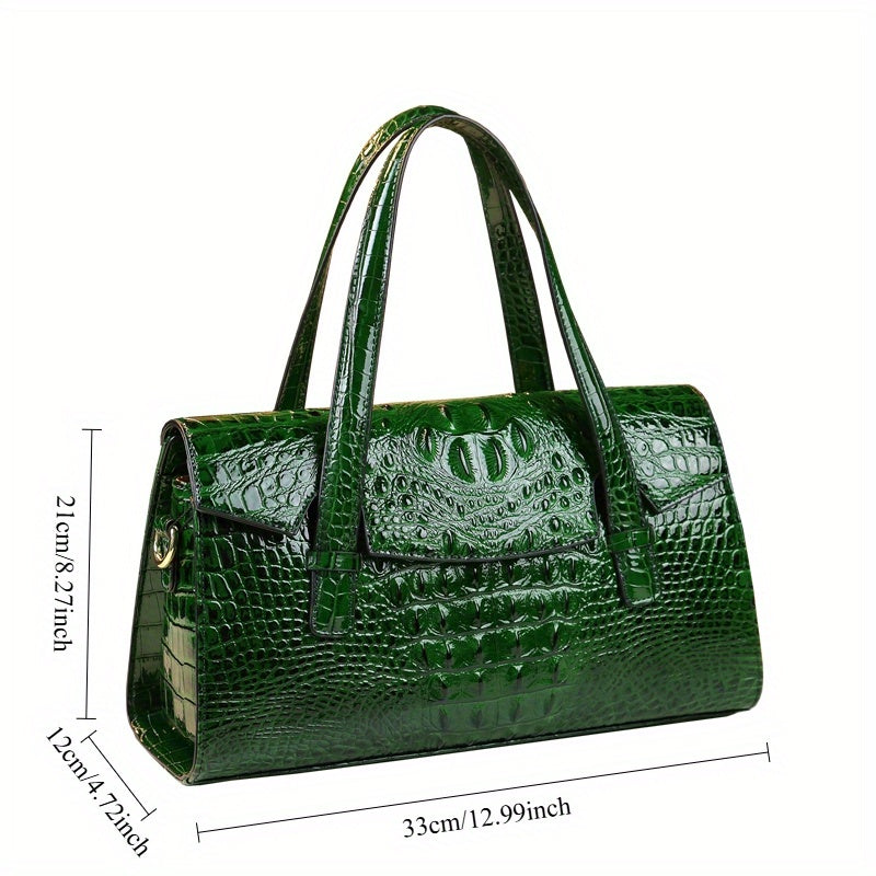 Women's Crocodile Embossed Boston Bag with Shoulder Strap