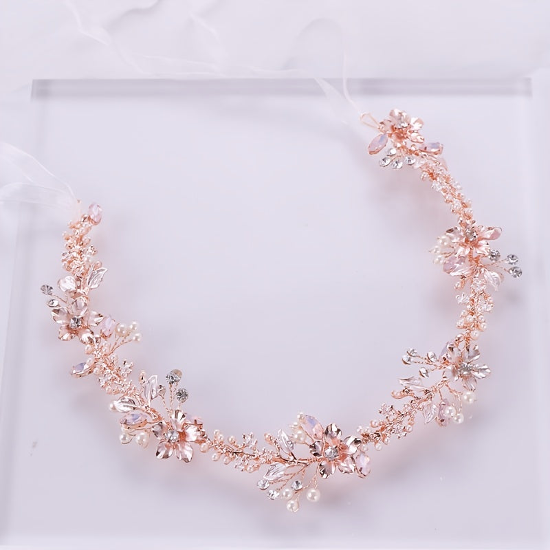 Rose Golden Flower Headband Wedding Faux Pearl Rhinestone Hairband