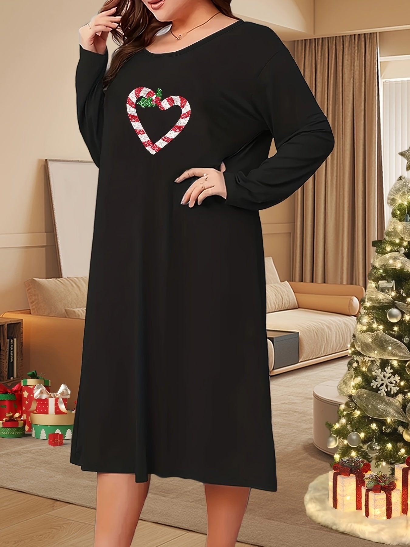 Christmas Nightdress Heart Lollipop Print Long Sleeve