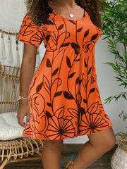 Women's Plus Leaf Print Short Sleeve Round Neck Mini Dress