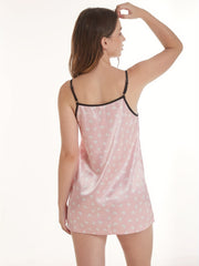 Heart Print Cami Pajama Dress Contrast Trim Suspender Nightdress