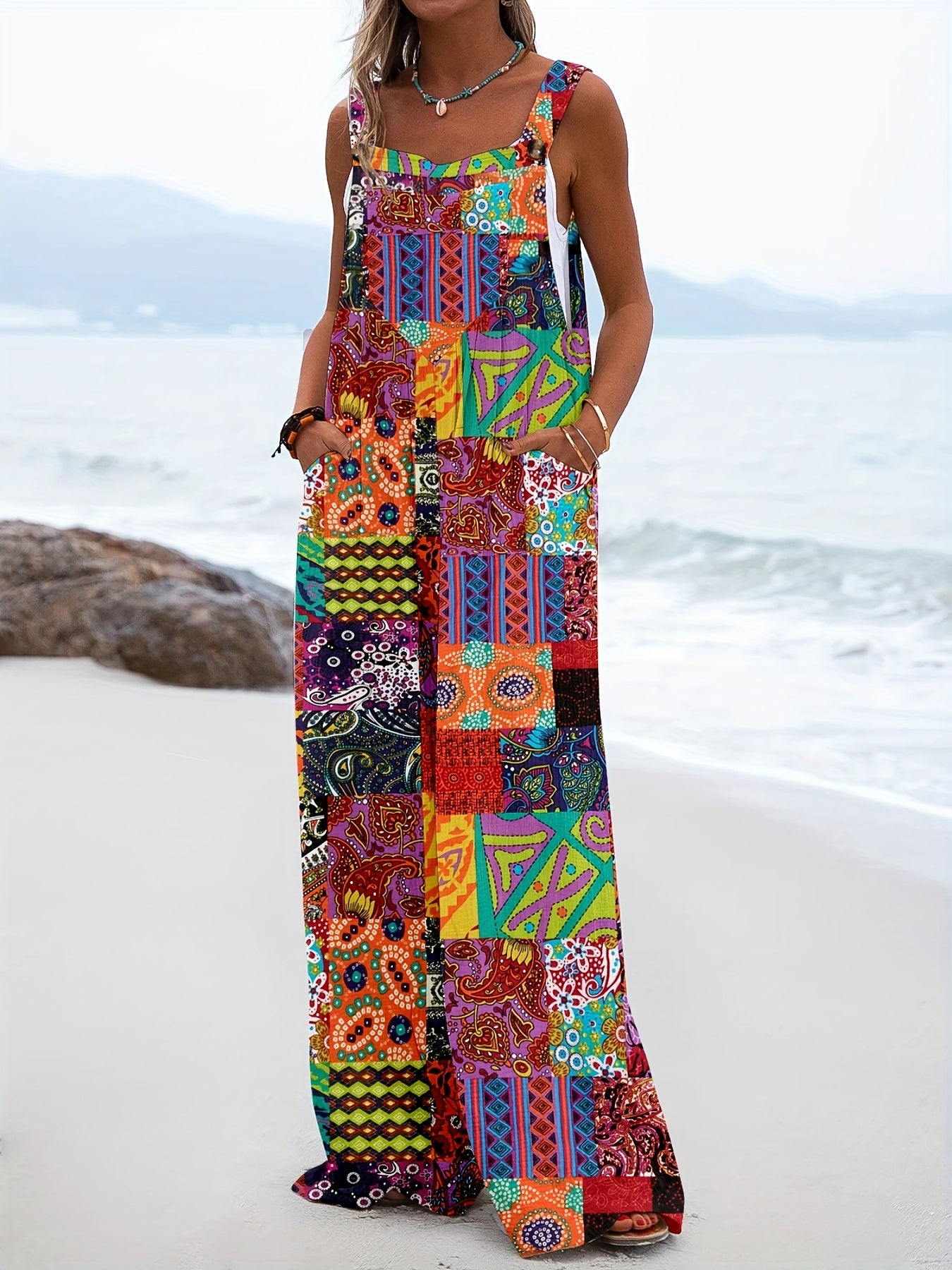 Hippie Patchwork Overall Jumpsuit Boho Sleeveless Wide Leg Jumpsuit