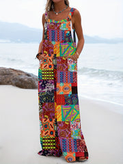 Hippie Patchwork Overall Jumpsuit Boho Sleeveless Wide Leg Jumpsuit