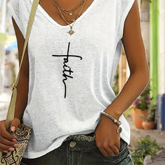 Faith Print V Neck Top Casual Top for Spring & Summer