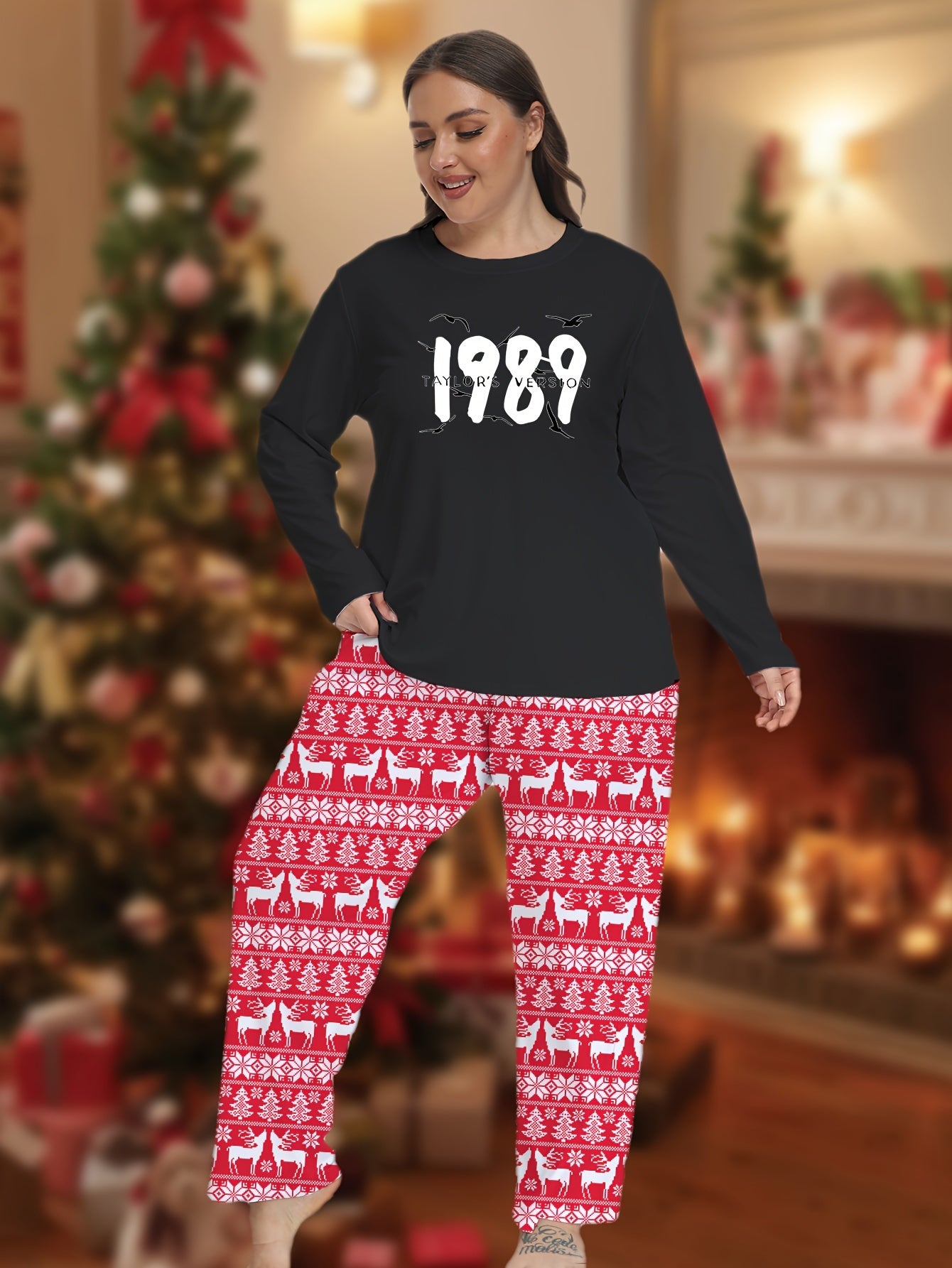 Casual Pajama Set Women's Plus Letter & Number Print Tee