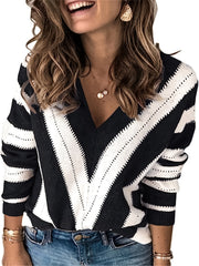 V Neck Block Knit Sweater Long Sleeve Casual