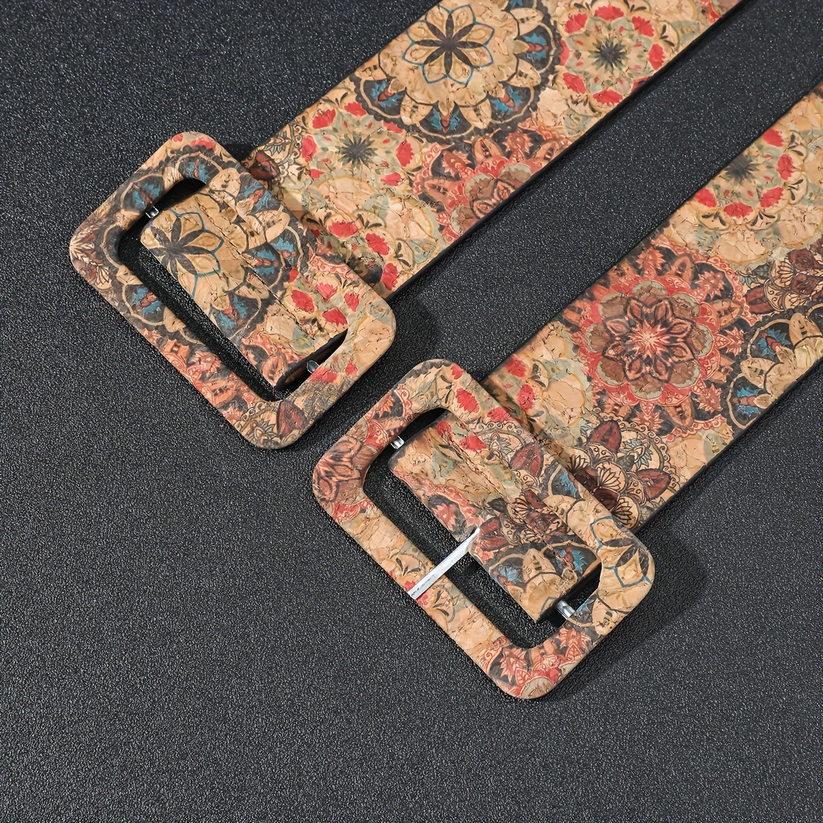 Flower Pattern Faux Leather Belt Boho Rectangular Buckle