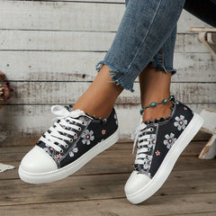 Floral Printed Canvas Lace Up Low Top Sneakers for Women