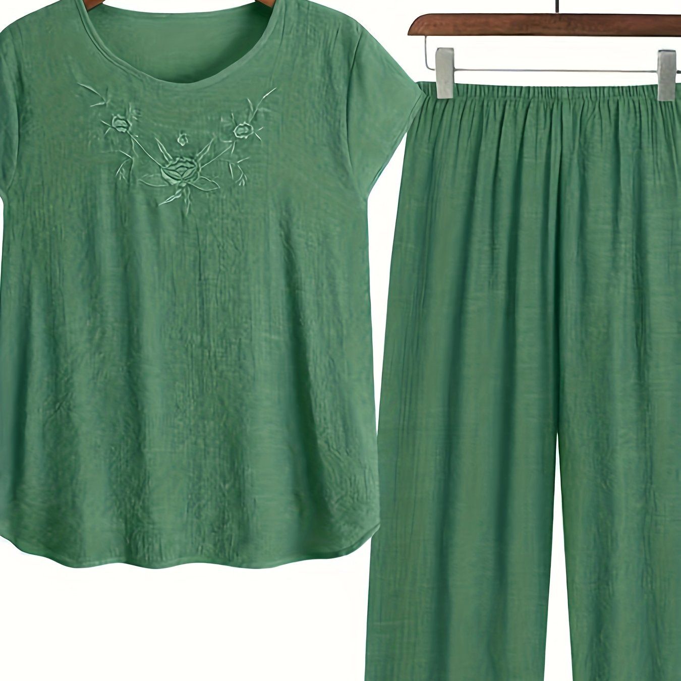 Solid Embroidery Tee & Wide Leg Pants Set