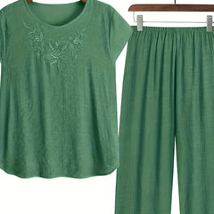 Solid Embroidery Tee & Wide Leg Pants Set