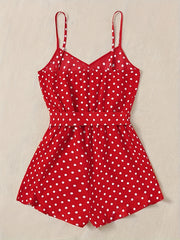 Polka Dot Print Romper Jumpsuit V Neck Tie Waist