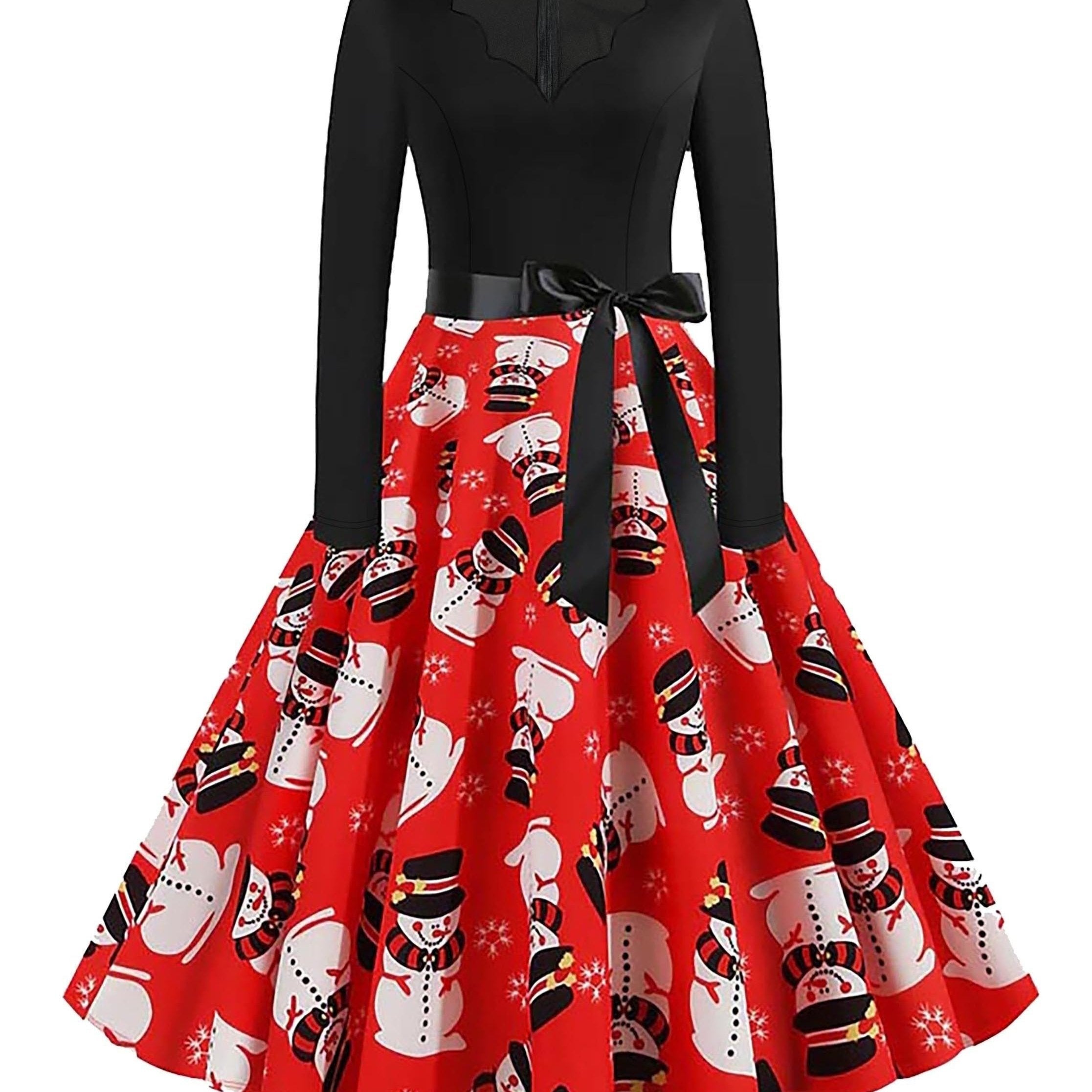 Colorblock Snowman Print Long Sleeve V Neck Dress