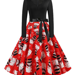 Colorblock Snowman Print Long Sleeve V Neck Dress