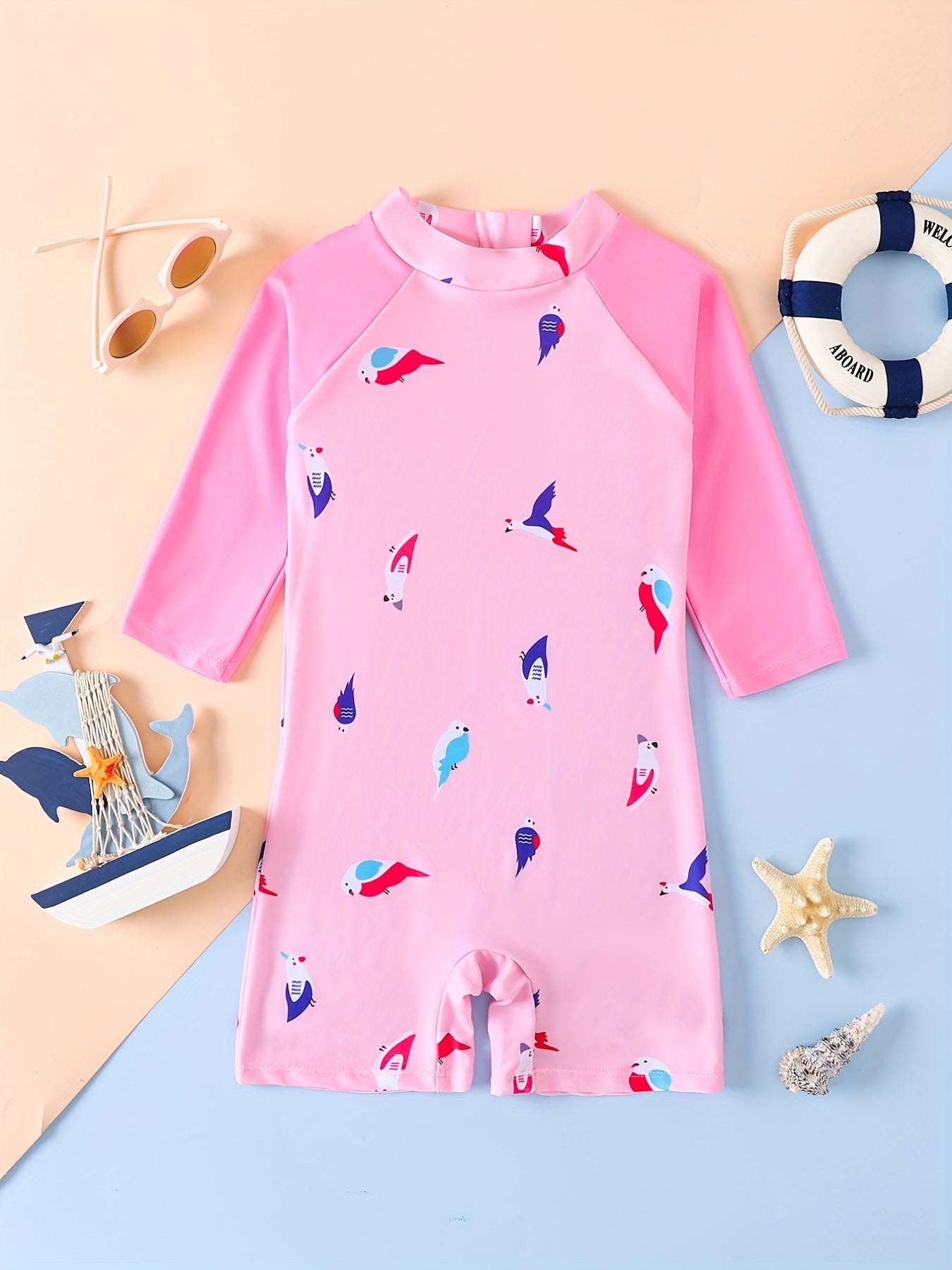 Toddler Girls Parrot Graphic Long Sleeve Round Neck One Piece Swimsuit