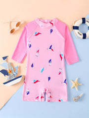 Toddler Girls Parrot Graphic Long Sleeve Round Neck One Piece Swimsuit