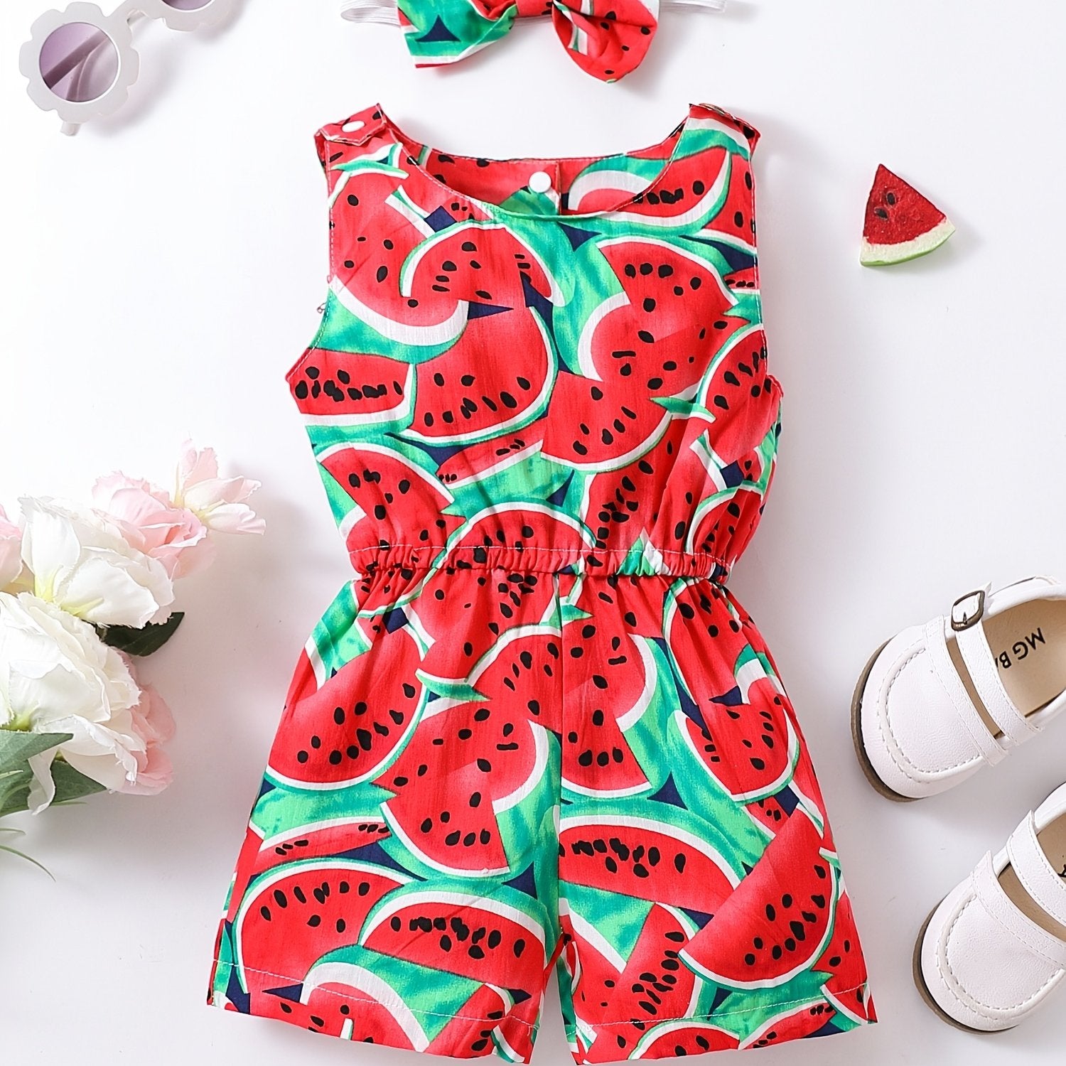 Toddler Girls Watermelon Print Romper Headband Summer Clothes