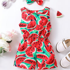 Toddler Girls Watermelon Print Romper Headband Summer Clothes