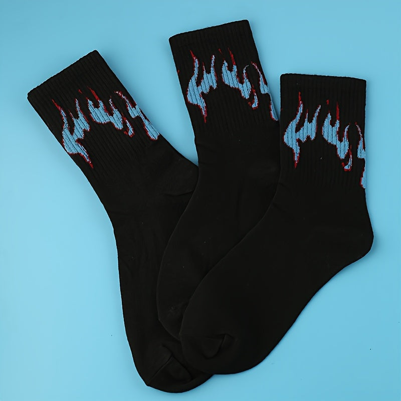 3 Pairs Flame Print Socks Women's Mid Tube Stockings