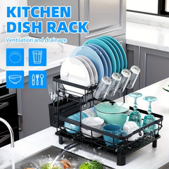 2 Tier Dish Drying Rack Large Capacity Organizer With Utensil & Cup Holder