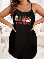 Plus Size Christmas Sexy Nightdress with Hat & Tree Print Cami Sleep Dress