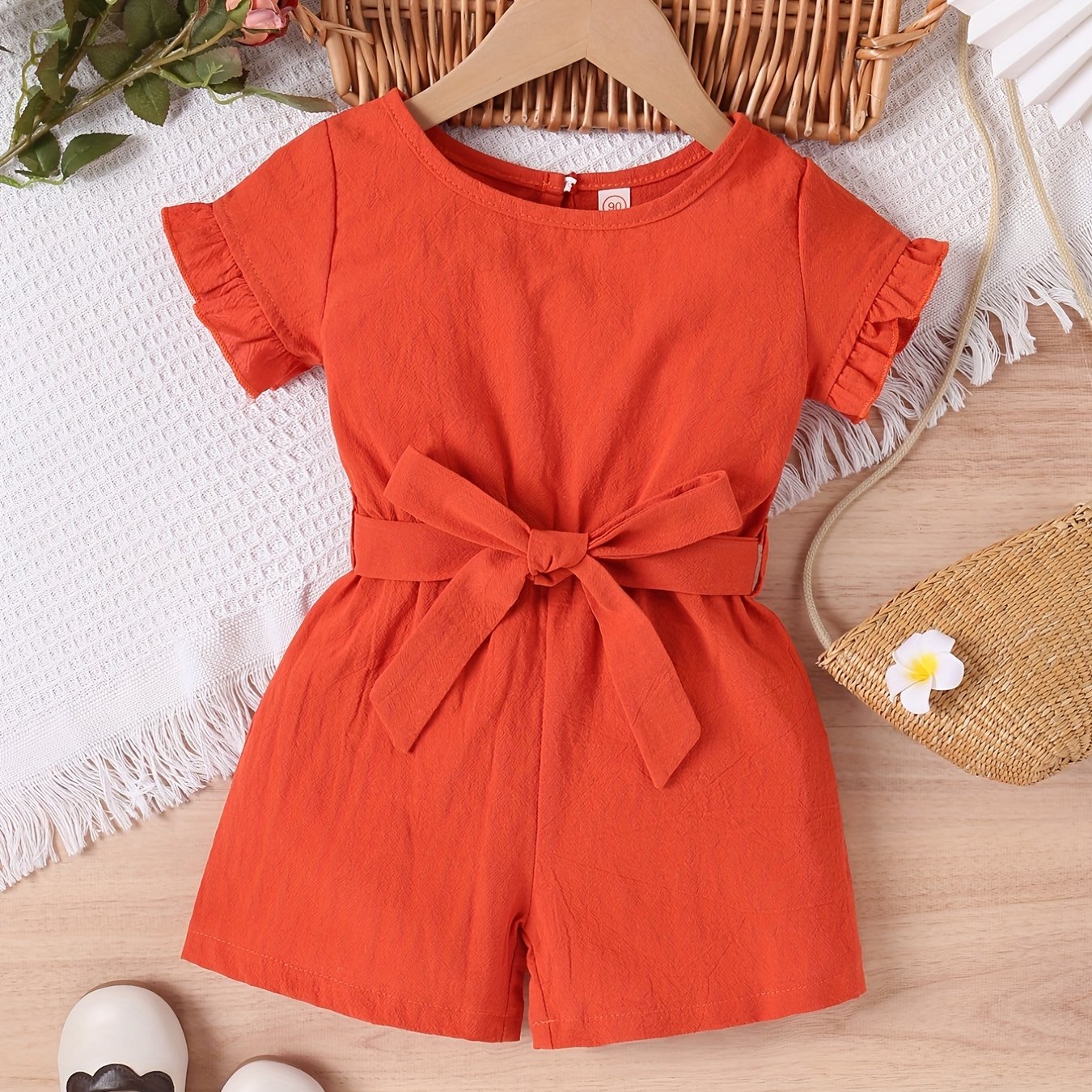 Girls Cotton Linen Frill Trim Romper Shorts with Belt