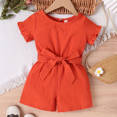 Girls Cotton Linen Frill Trim Romper Shorts with Belt
