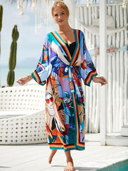 Boho Cover Up Robe Women's Plus Allover Print Half Sleeve Long Robe