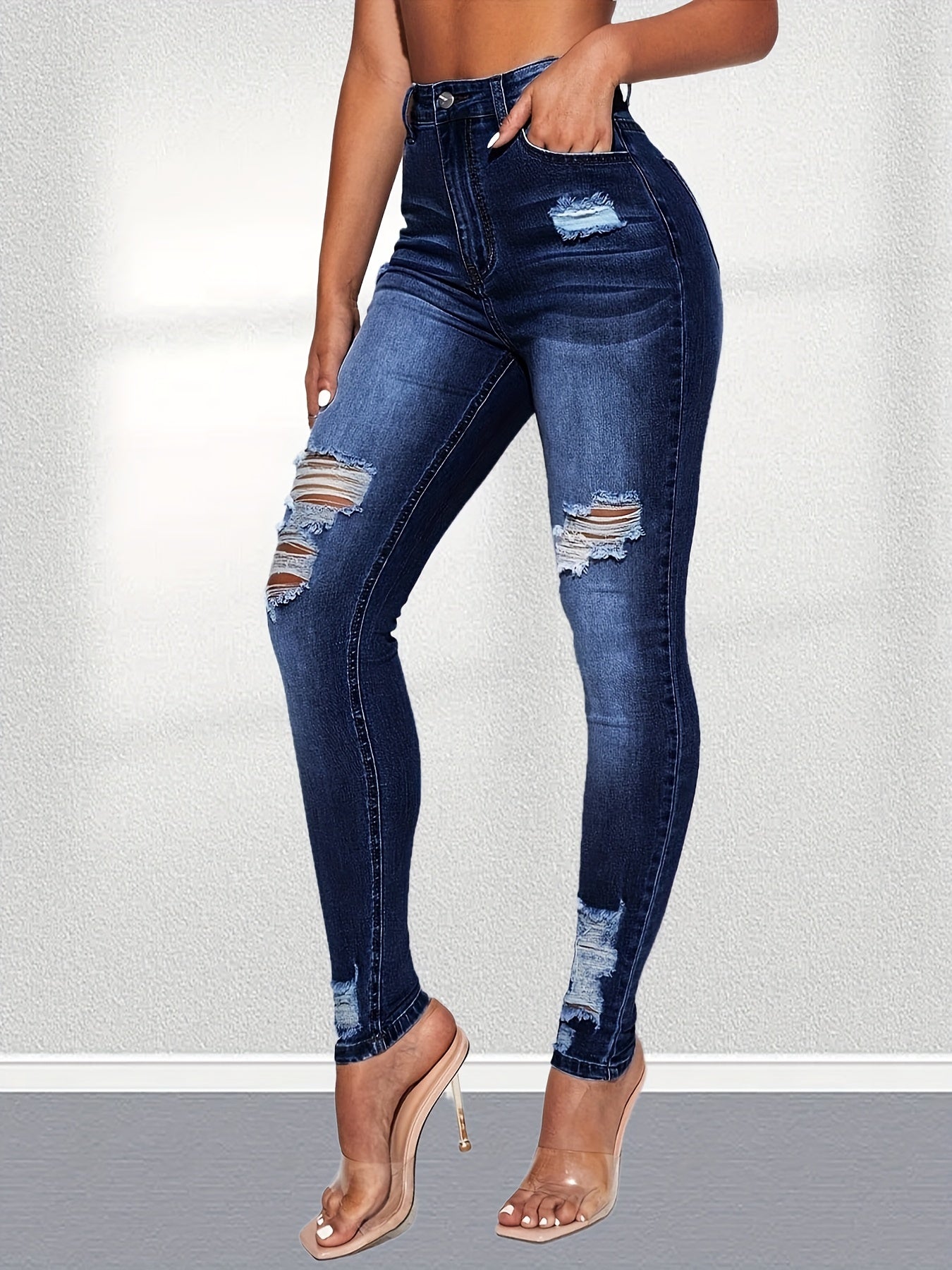 High Rise Ripped Leg Skinny Jeans Water Ripple Embossed Denim Pants
