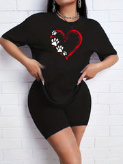 2pcs Women's Summer Casual Sports Suits Heart Graphic T-shirts & Shorts