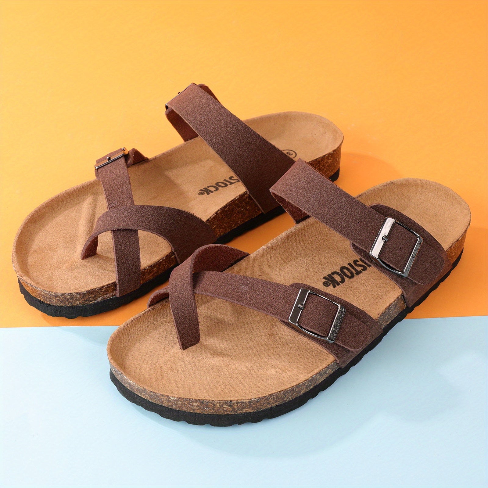 Women's Flat Cork Sandals Toe Loop Cross Strap Summer Sandals