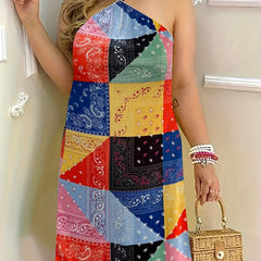 Colorblock Paisley Print Halter Neck Dress
