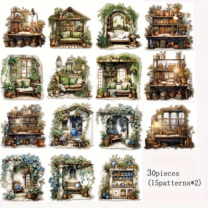 30pcs Vintage Study Garden Yard Stickers Scrapbooking Waterproof