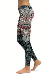Women's Feather & Eye Print Yoga Leggings Mid Waist High Stretch Gym Pants