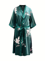 Floral Print Satin Robe With Belt Plus Loungewear Nightgown