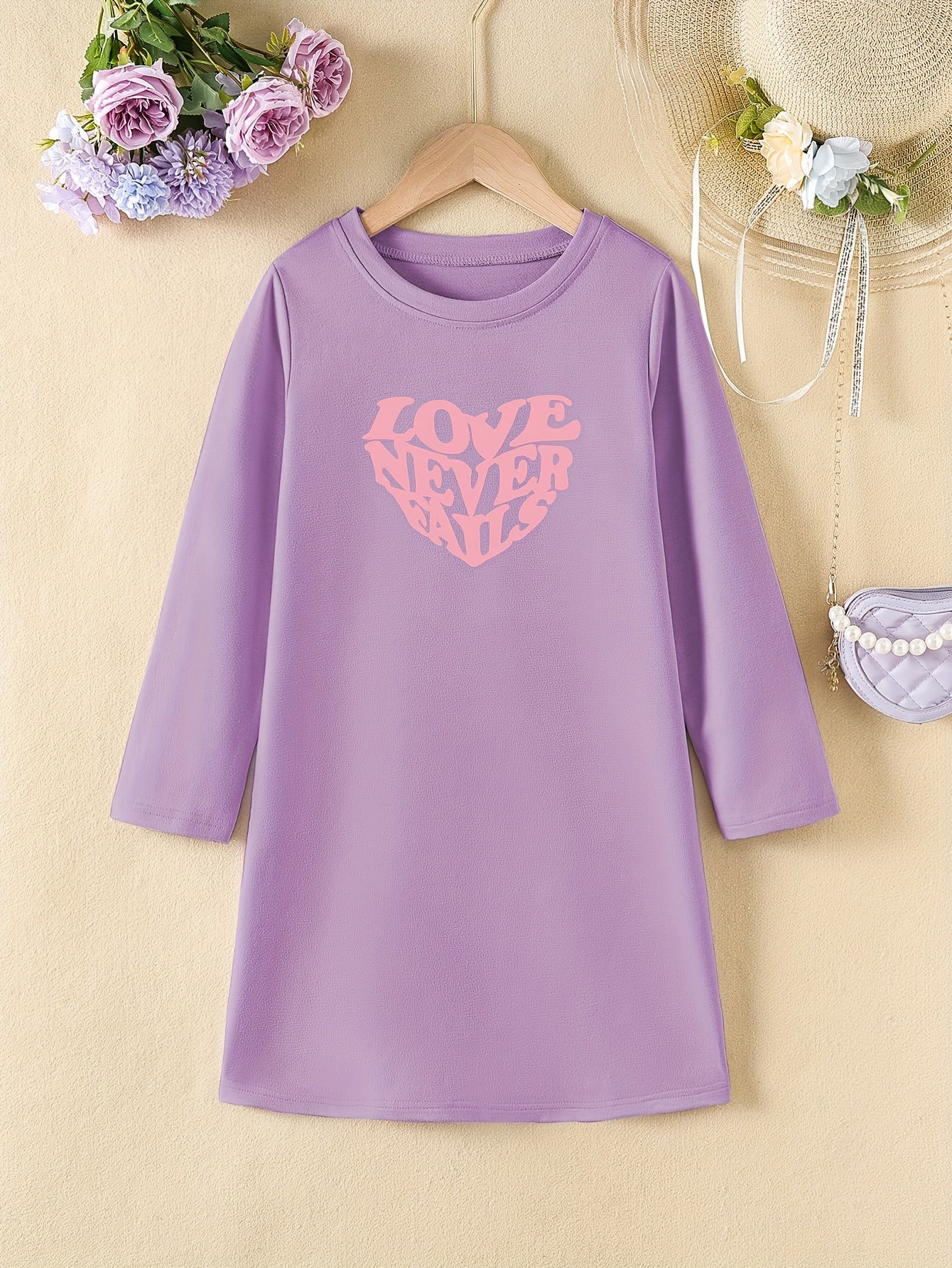 Girls' Heart Print Long Sleeve Dress for Spring Fall