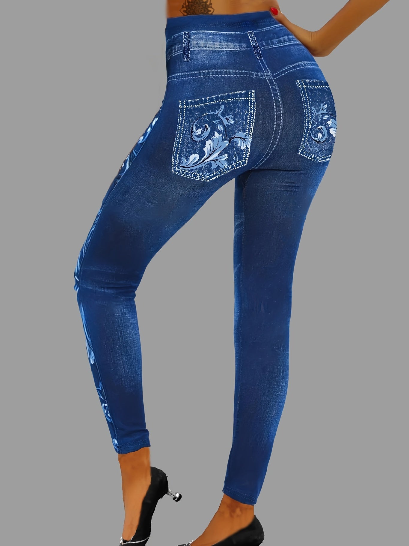 Floral & Denim Print Leggings Skinny Casual Leggings Women's Clothing