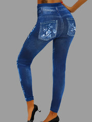 Floral & Denim Print Leggings Skinny Casual Leggings Women's Clothing