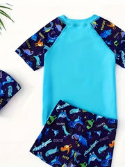 Boy's Dinosaur Swimsuit Set T-shirt, Cap, Trunks - Beach Vacation