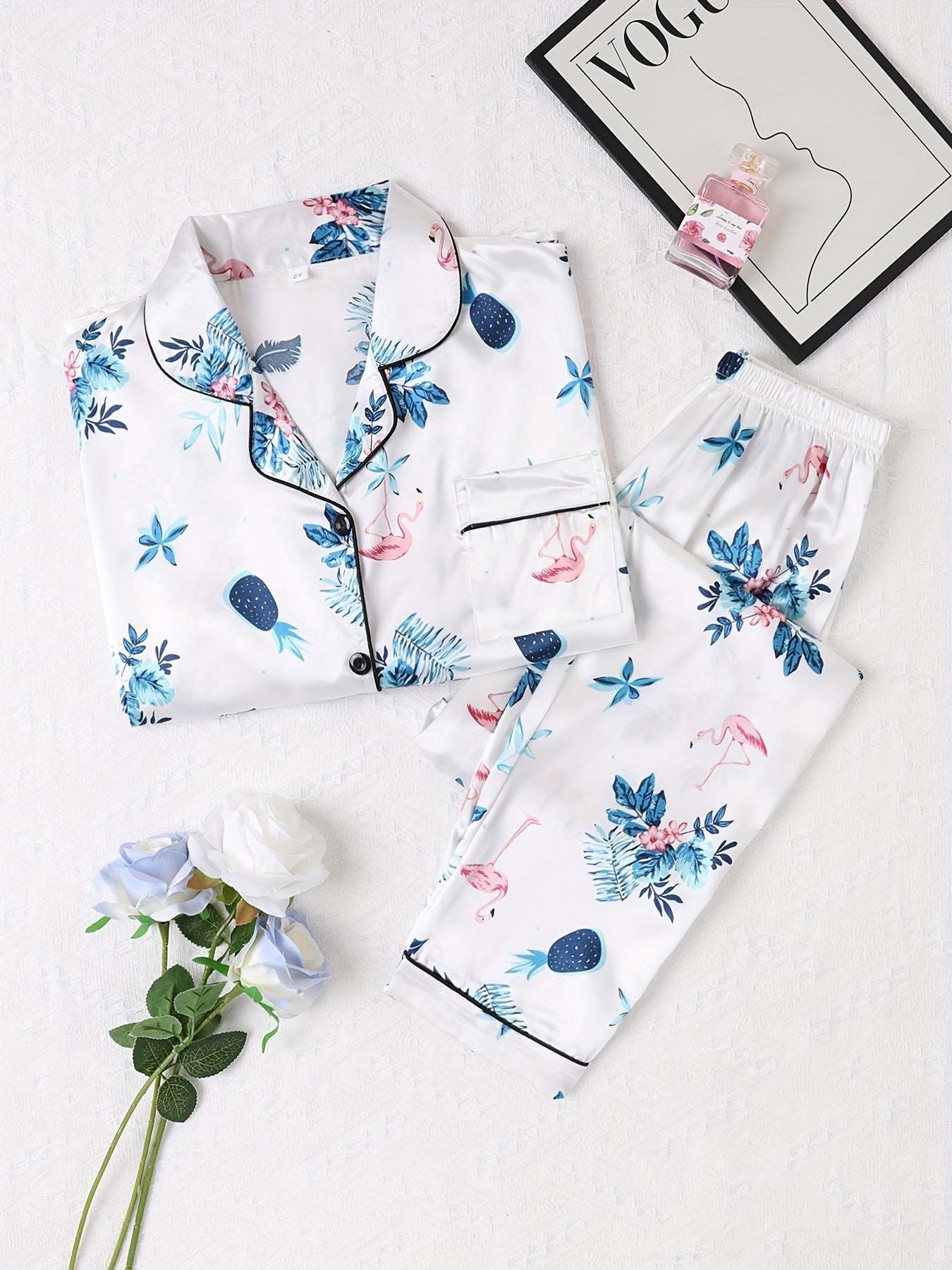 Flamingo Print Pajama Set Long Sleeve Buttons Top & Elastic Waistband Pants