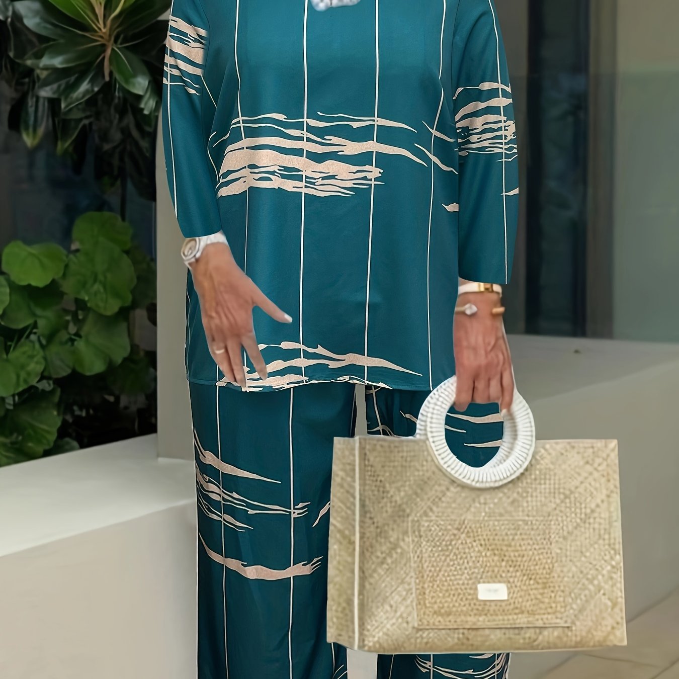 Casual Two Piece Set Women's Plus Print Top & Pants Outfit
