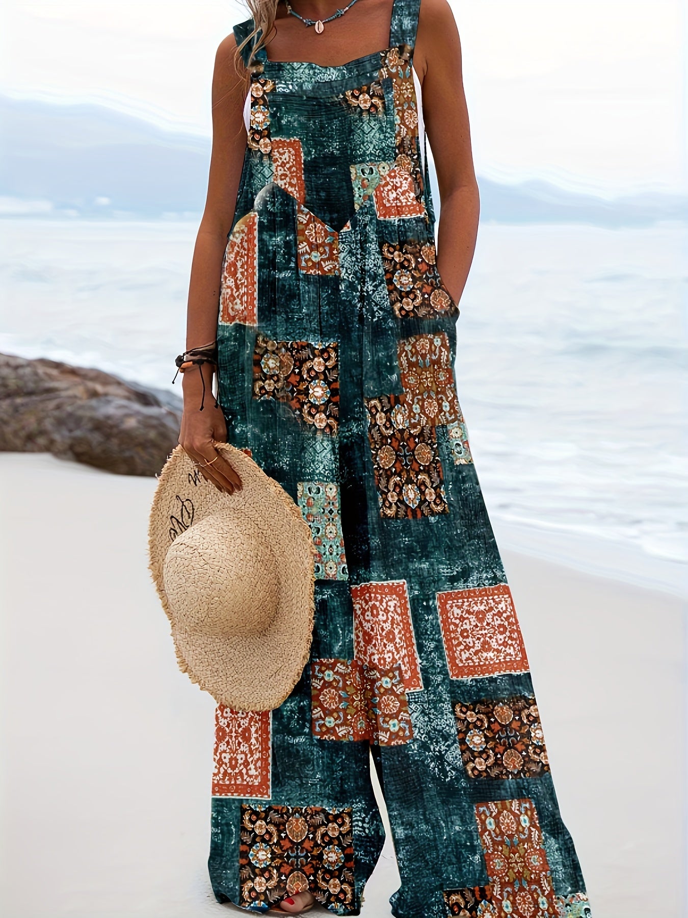 Hippie Patchwork Overall Jumpsuit Boho Sleeveless Wide Leg Jumpsuit