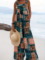 Hippie Patchwork Overall Jumpsuit Boho Sleeveless Wide Leg Jumpsuit
