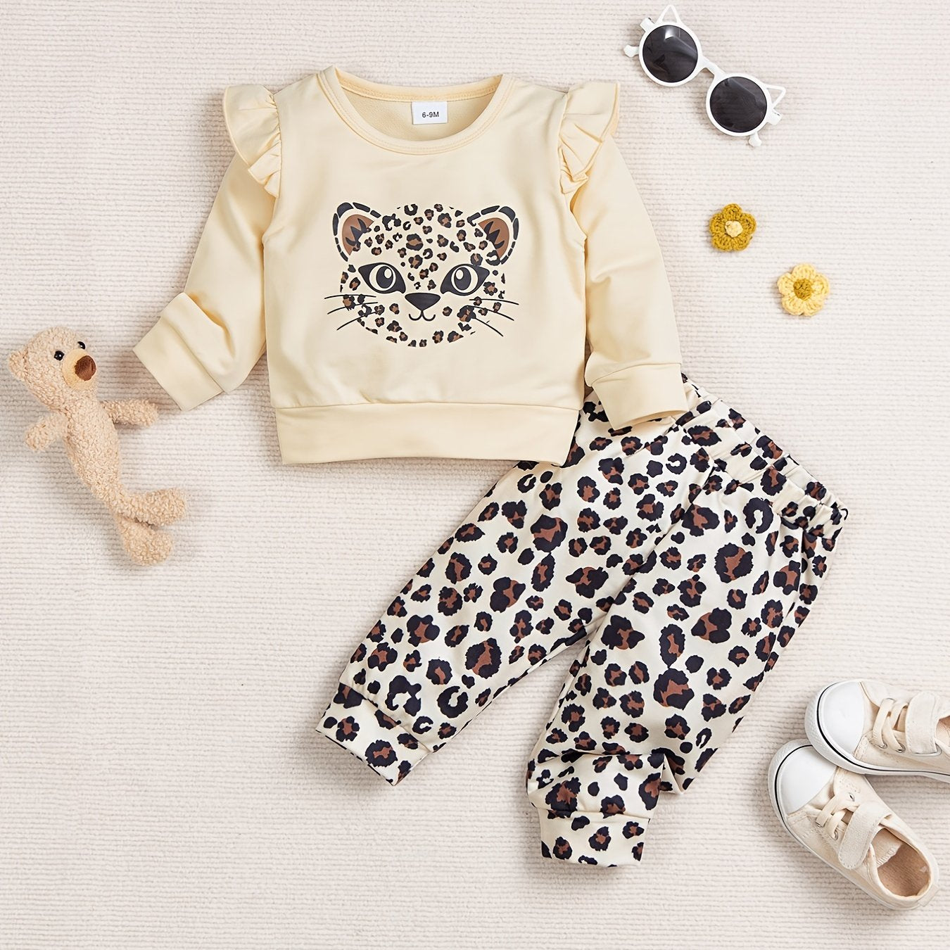 Baby Girls Cartoon Leopard Sweatshirt and Pants Set for Spring and Autumn