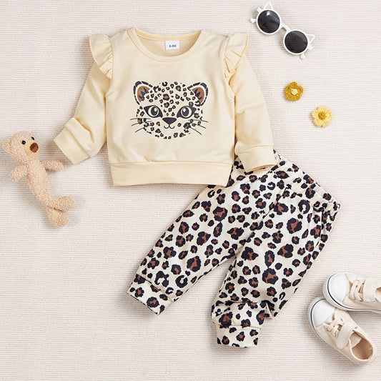 Baby Girls Cartoon Leopard Sweatshirt and Pants Set for Spring and Autumn