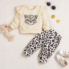 Baby Girls Cartoon Leopard Sweatshirt and Pants Set for Spring and Autumn