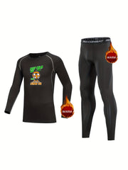 Kids Fleece Lined Compression Base Set Keep Calm Long Sleeve Tops Leggings Pants