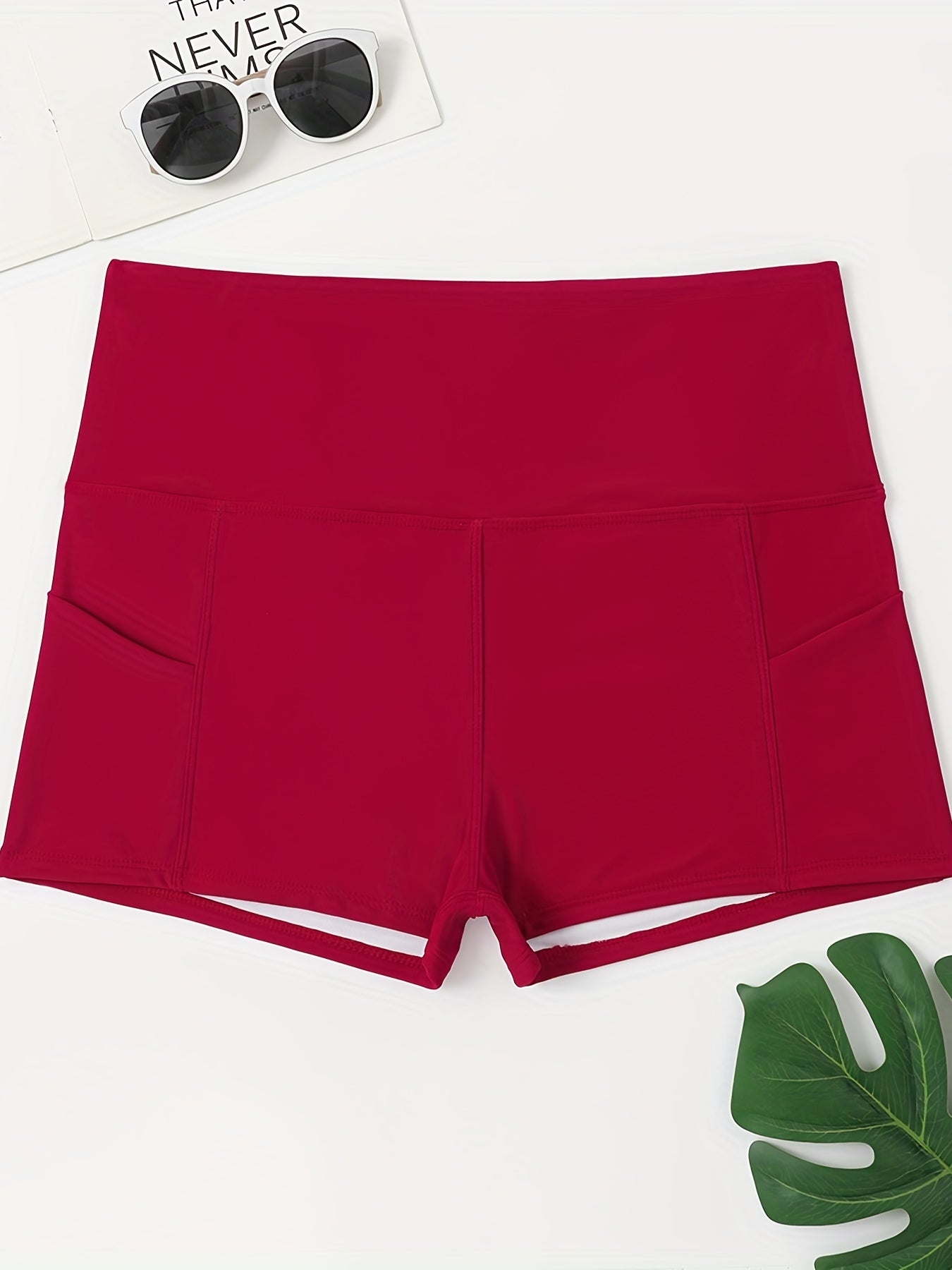 Women's Plus Solid Pipping High Rise Swimsuit Shorts With Pockets