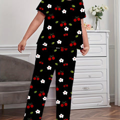 Floral & Cherry Print Plus Size Pajama Set Short Sleeve Tee & Pants Loungewear