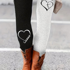 Blessed & Jesus Print Skinny Leggings Casual Elastic Waist