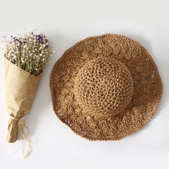 Wide Brim Crochet Sun Hat Hollow Breathable Straw Hat Women Travel Sunscreen